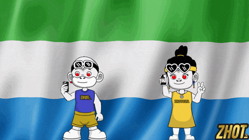 a boy and a girl are standing in front of a flag that says zhou