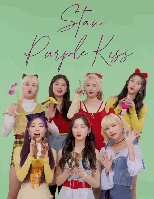 a group of girls posing for a picture with the words stan purple kiss written on the bottom
