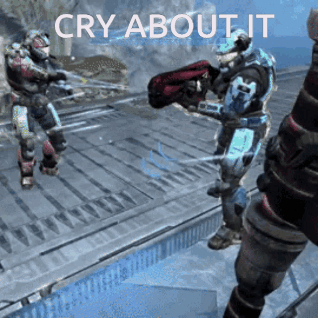 a video game scene with the words cry about it