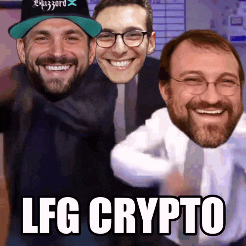 three men are posing for a picture and the caption says " lfg crypto "