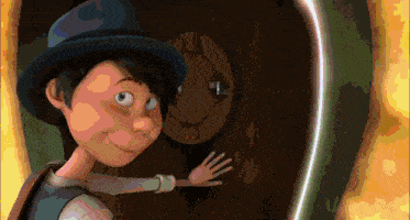 a cartoon character in a hat reaches out towards a door