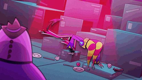 a cartoon character with a purple hat is standing in front of boxes