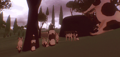 a herd of cows standing in a grassy field with trees in the background