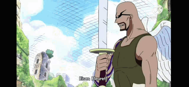 a bald man with angel wings is holding a sword and says elsan fleuret