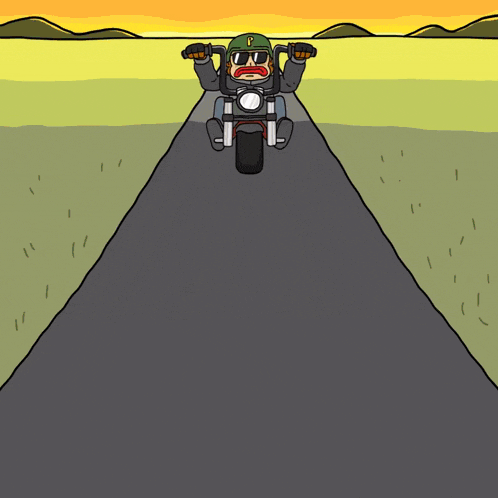a cartoon of a man riding a motorcycle with a letter p on his helmet