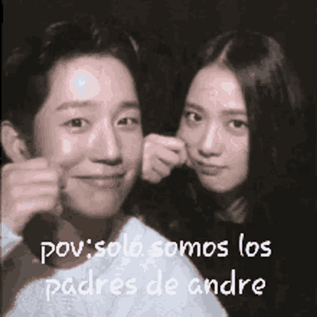 a man and a woman are posing for a picture with the words pov solo somos los padres de andre on the bottom .