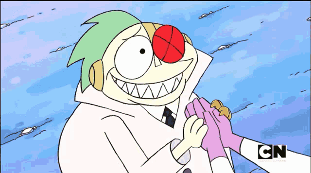 a cartoon character with a red nose is holding someone 's hand with the cn logo visible