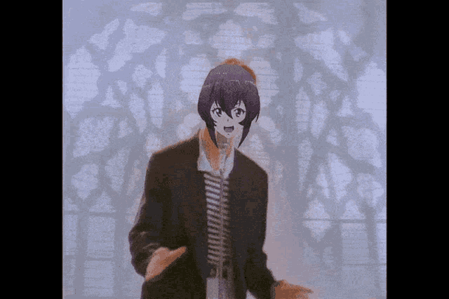 a man with purple hair and a suit is standing in front of a window