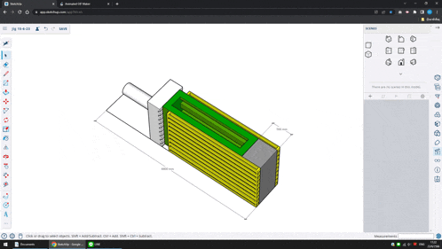 a computer screen shows a 3d model of a container with measurements