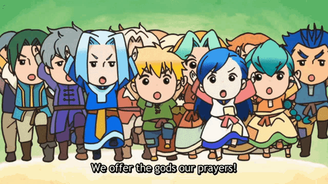 a group of cartoon characters with the words we offer the gods our prayers written below them