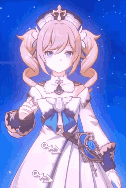 a girl in a white dress with a blue bow holds a book in her right hand