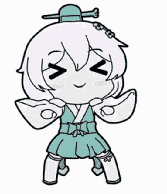 a drawing of a chibi girl with white hair and a blue dress .