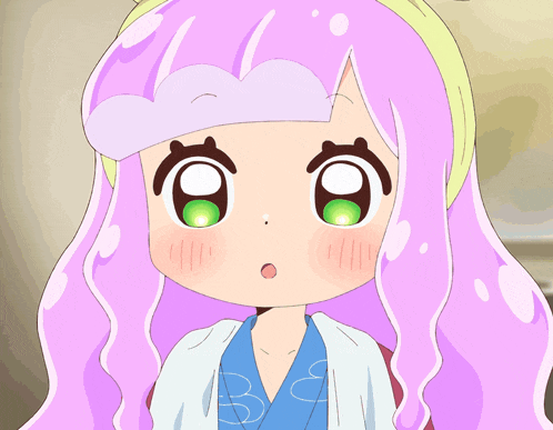 a drawing of a girl with pink hair and a blue kimono with the letter b on it