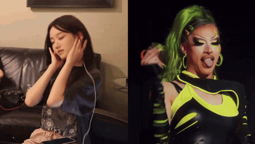 a woman wearing headphones sits next to a drag queen with green hair