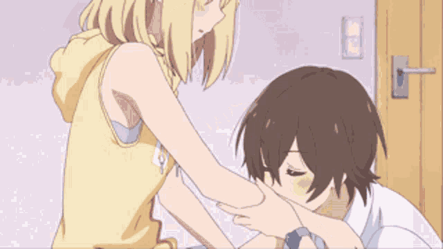 a couple of anime girls hugging each other with one wearing a watch