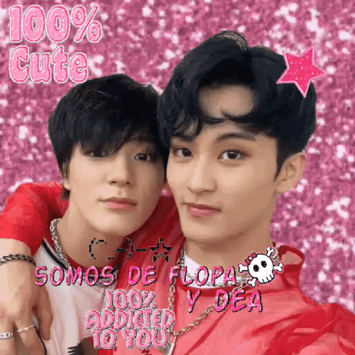 a couple of boys are posing for a picture with the words 100 % cute