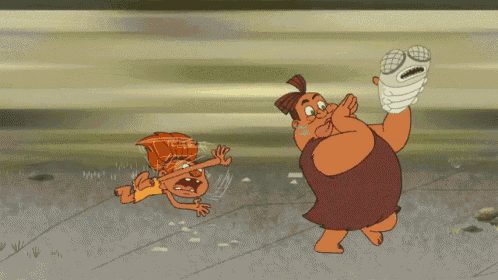 a cartoon of a caveman holding a microphone while another caveman runs towards him