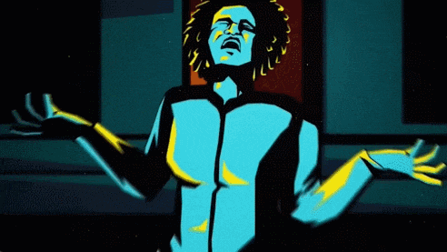 a cartoon drawing of a robot and a woman jumping