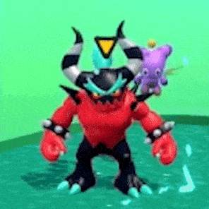 a cartoon monster with horns is standing in the water with a purple pillow on his back .