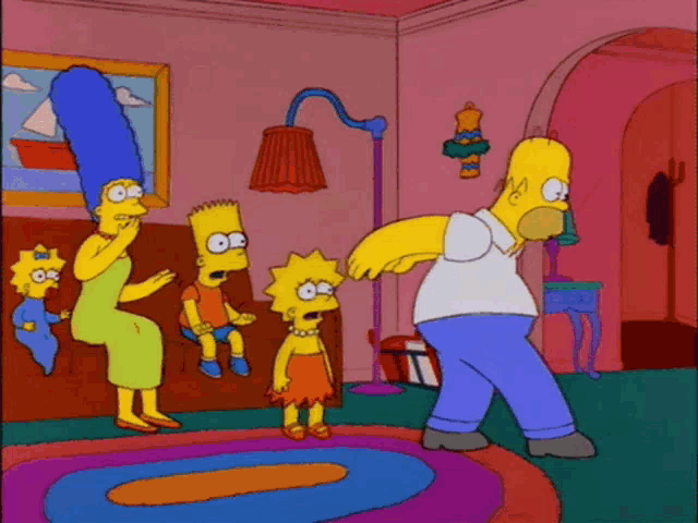 a cartoon of homer simpson standing in a living room with his family