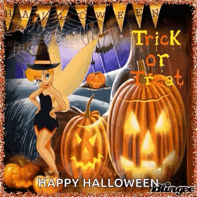 tinkerbell is wearing a witch hat and surrounded by pumpkins and a sign that says trick or treat