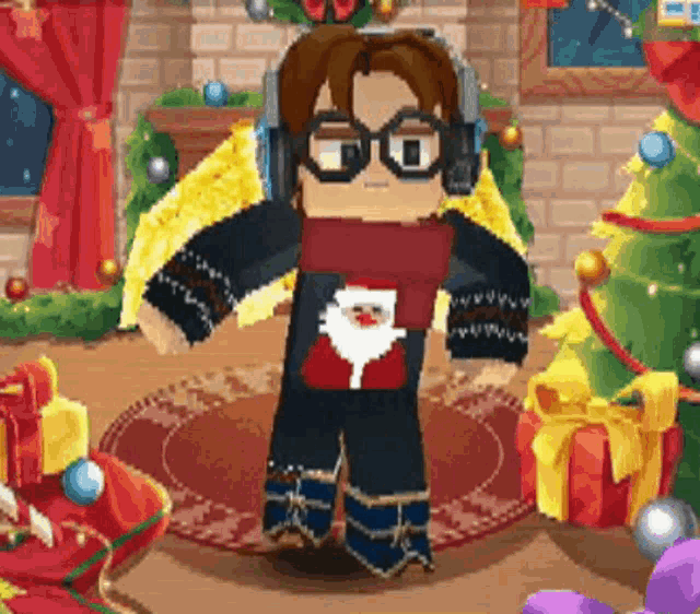a pixel art of a man wearing headphones and a santa claus sweater standing in front of a christmas tree .