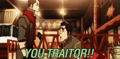 two cartoon characters are standing next to each other and one of them is saying " you traitor !! "