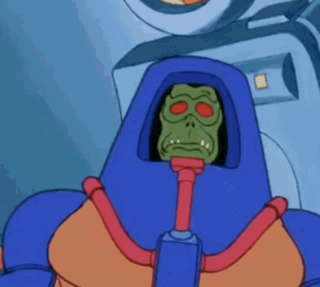 a cartoon character with a green face and red eyes is wearing a blue hood and holding a hose .