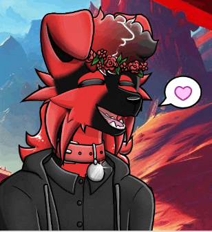 a cartoon drawing of a red dog with a flower crown on his head and a heart in a speech bubble