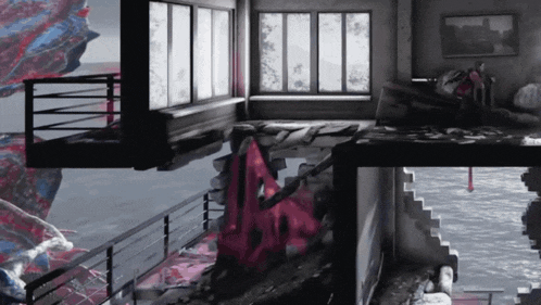 a painting of a room with stairs and a balcony with a red object in the middle