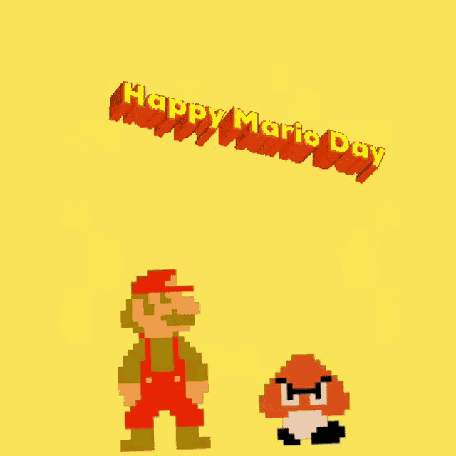 a pixel art of mario and goomba with the words happy mario day on top