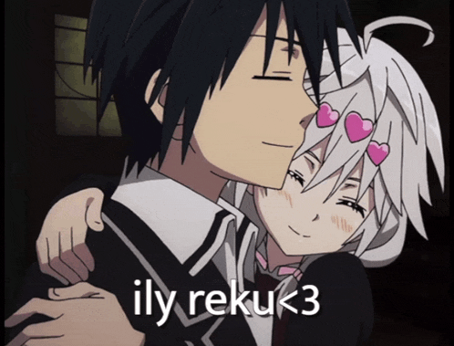 a boy and a girl are hugging with the words ily rekuk3 on the bottom right