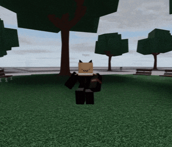 a cartoon character in a park with trees and benches