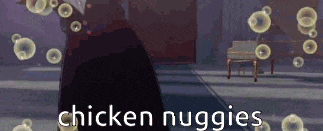 a person is standing in a room with bubbles flying around them and the words chicken nuggies written on the bottom .