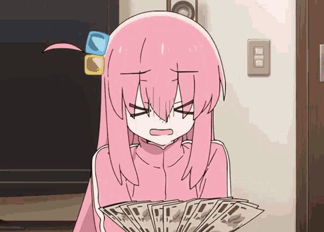 a cartoon girl with pink hair is holding a fan of money