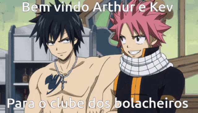 two anime characters are standing next to each other with the caption bem vindo arthur e kev
