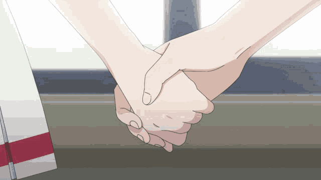 two people holding hands in front of a window with a red stripe on the sleeve