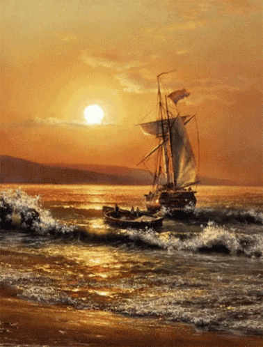a painting of a sailboat and a small boat in the ocean