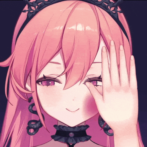 a girl with pink hair and purple eyes is wearing a choker