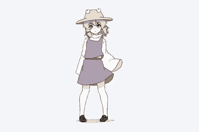 a girl wearing a frog hat and a purple dress is standing on a white background