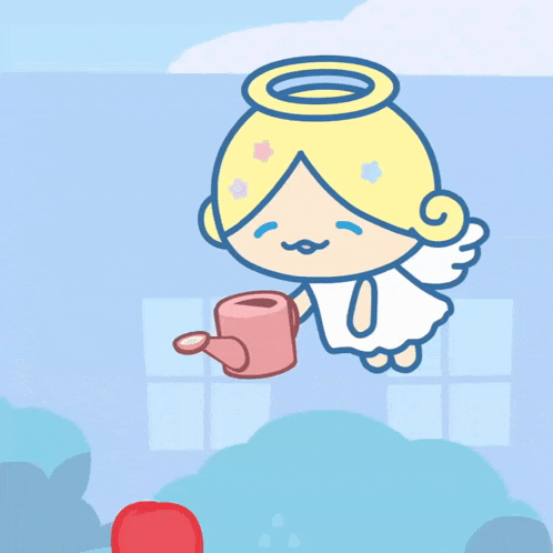 a cartoon angel is watering a heart with a pink can