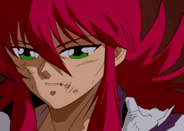 a girl with red hair and green eyes has a scar on her face