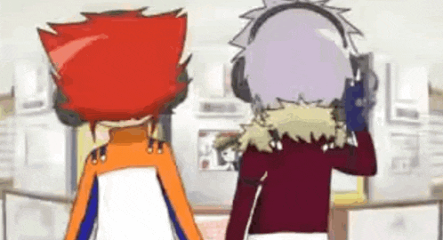 two cartoon characters wearing headphones are standing next to each other in front of a computer screen .
