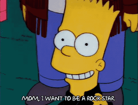 bart simpson from the simpsons is smiling and says mom i want to be a rock star