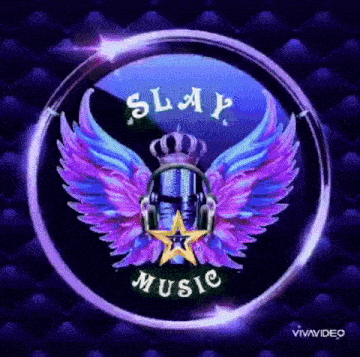 a logo for slay music with purple wings and headphones