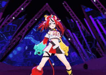a red haired anime girl with a shirt that says rat