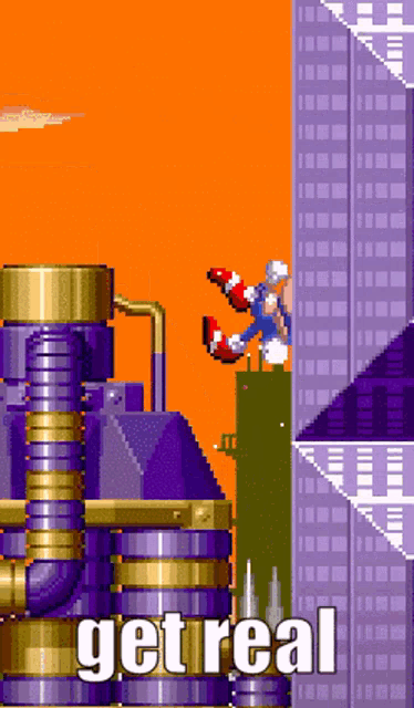 sonic the hedgehog is jumping off a building in a video game with the words get real on the bottom