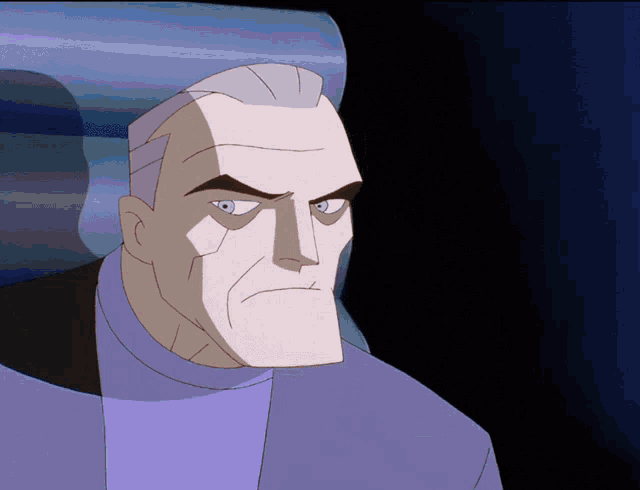 a cartoon character with gray hair and blue eyes looks angry