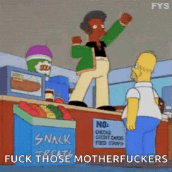 a cartoon of homer simpson standing on a counter talking to a man .