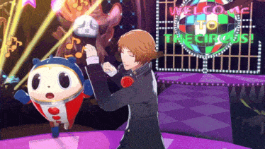 a welcome to the circus sign is behind a man and a teddy bear